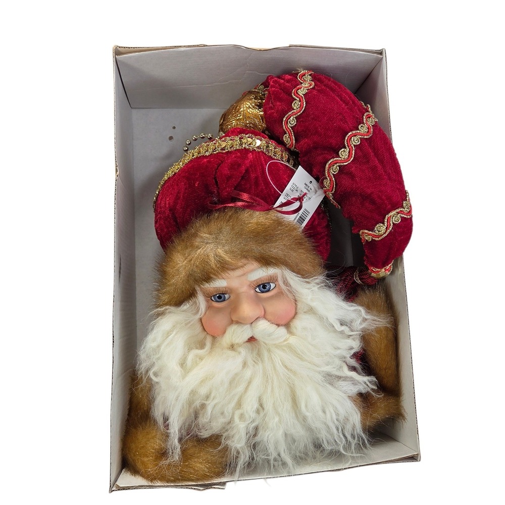 Santa Claus Porcelain Head Christmas Ornament Red Gold Hat Collar Plush Beard Nw